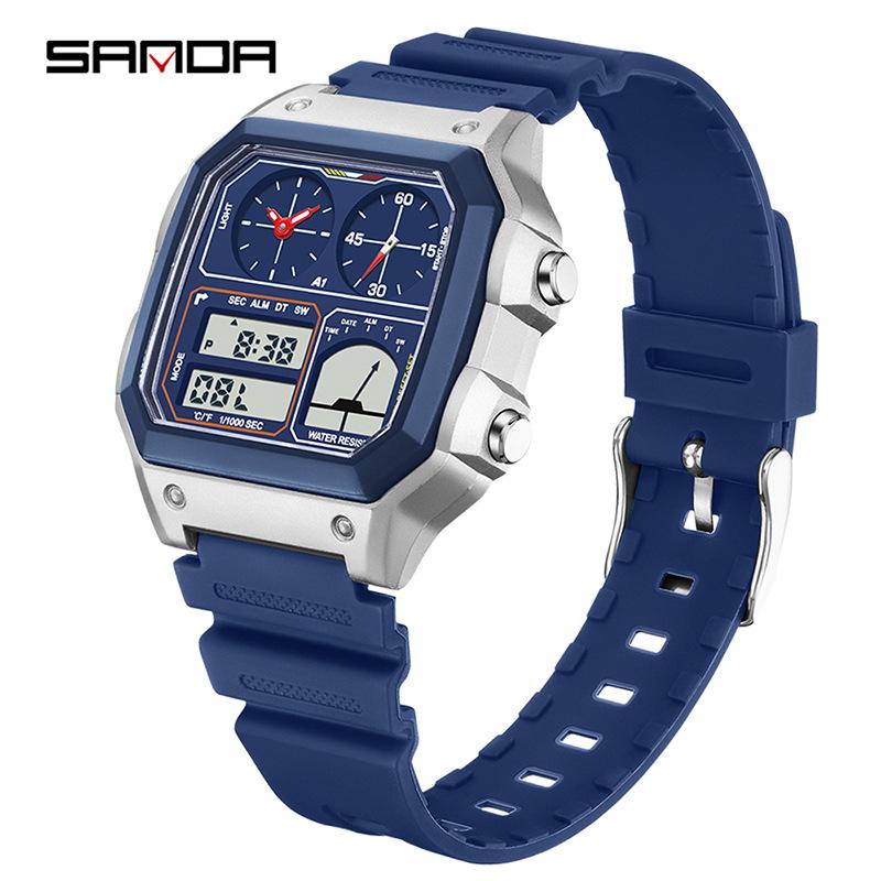 Sanda Temu Студенческие спортивные часы с измерением температуры, водонепроницаемые, двойной дисплей, многофункциональный квадратный дизайн