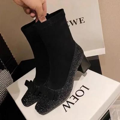 Модная обувь женская 2024 модные женские сапоги с рукавами осень-зима квадратный носок пайетки однотонные короткие бочонки толстые каблуки эластичные сапоги