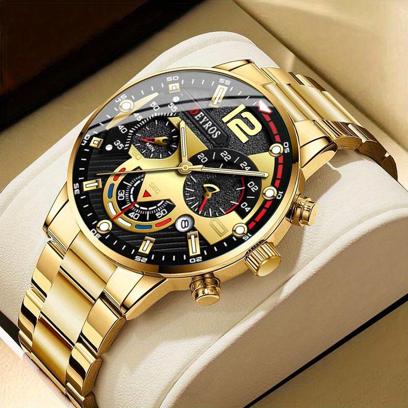 3pcs/set, Fashion Men's Business Calendar Stainless Steel Quartz Watch & Bracelet & Cross Pendant Necklace