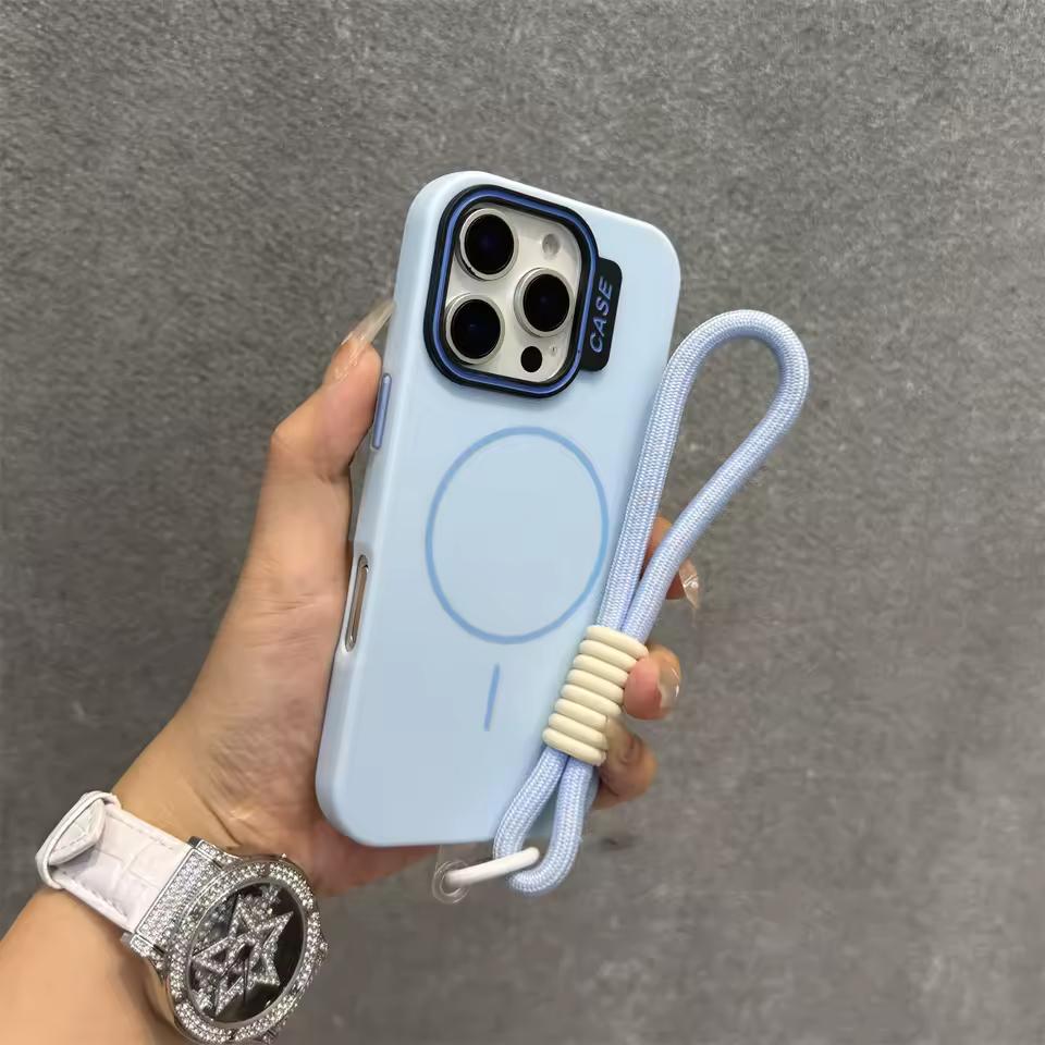 Модный чехол Контрастный цвет Чехол Magsafe для iPhone11 12 13 14 15 16 Pro Max Plus Твердый Тонкий Матовый Чехол со шнурком