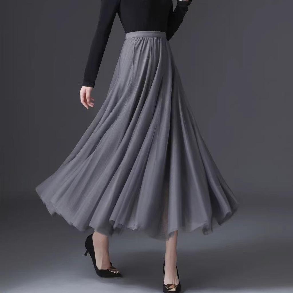 2025 Spring/Summer Women's Mesh Midi Skirt - Three-Layer Tulle, High-End, Slimming, Versatile Swing Design