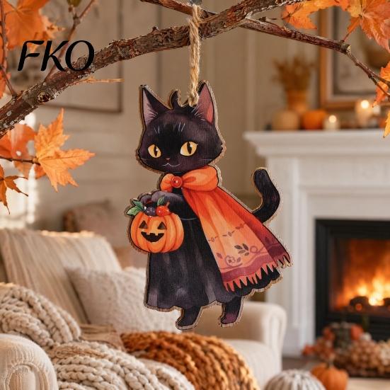 Halloween Party Hanging Decor Witch Cat Wooden Ornament, Decorative Pendant, Rustic Pumpkin Ornament Cute Holiday Favors for Tree And Window