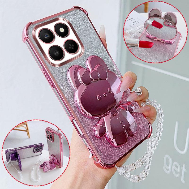 Luxury Shockproof Phone Case with Cute Rabbit Makeup Swivel Stand Crystal Lanyard For Honor X7d X7c X7b X7a X7 Back Cover