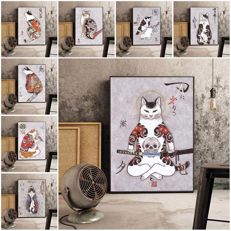 Solid Wood Frame Japanese Floating Samurai Cat Canvas Painting Retro Style Posters and Prints Wall Art Pictures for Living Room Wall Decor