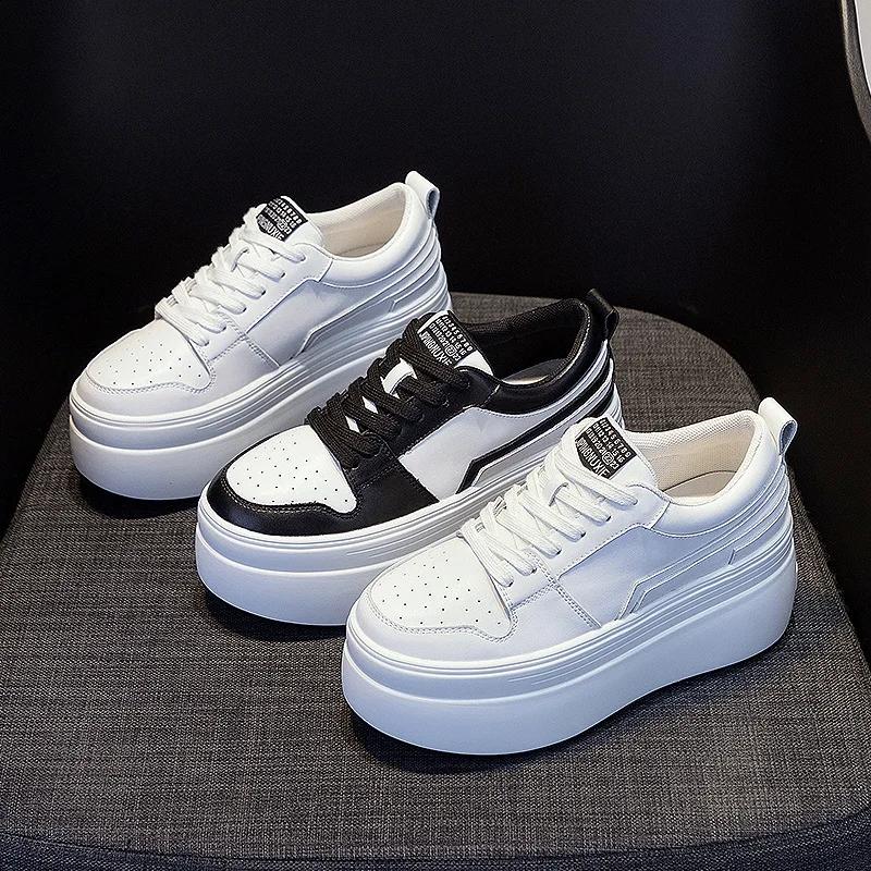 8CM Genuine Leather Vulcanized Lace Up Hidden Heels Autumn Chunky Sneakers Platform Wedge Women Summer Spring Bling Shoes