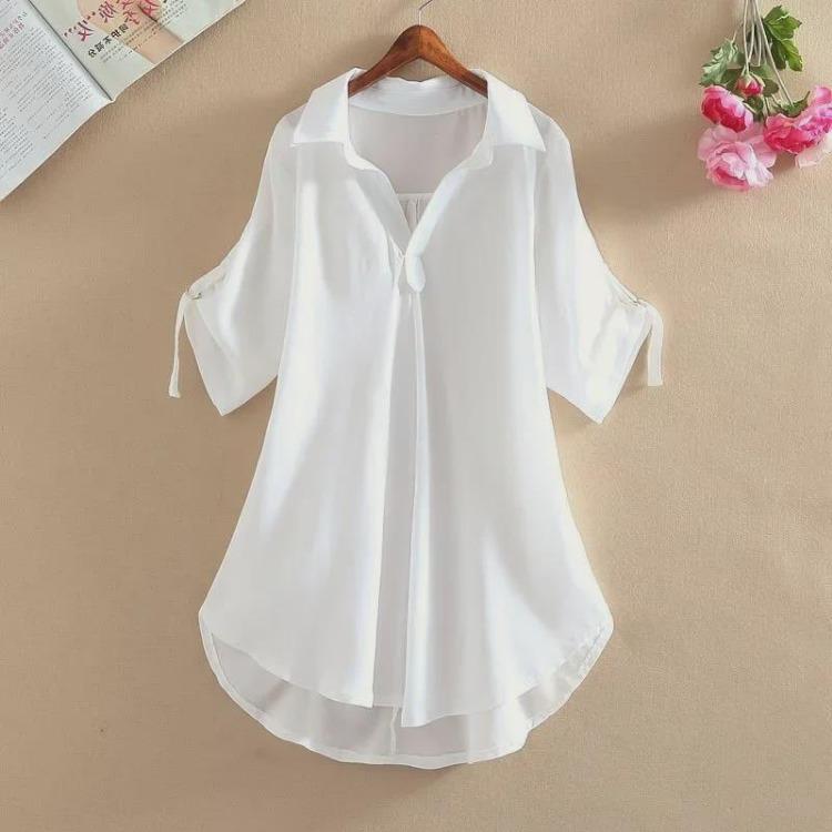 Женская шифоновая рубашка, летняя, свободного кроя, средней длины, с дизайном, подчеркивающим талию