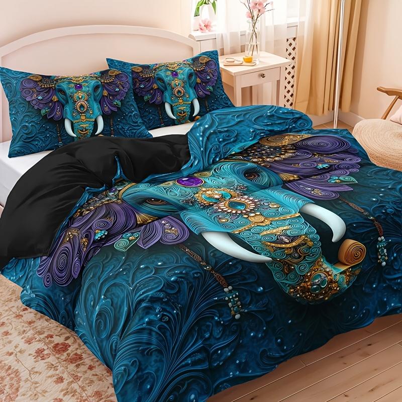 Ethnic Style Tribal Retro Elephant Print Quilt Cover Set Quilt Cover+2 Pillowcases High-Definition Printing For Home All Seasons