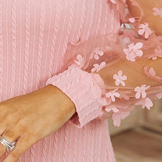 Women Spring Summer Pullover Tops O-neck Flower Decor Mesh Sleeve Chiffon Tops Solid Color Slim Fit Breathable Blouse