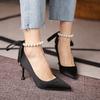 Women Stiletto Pumps Fashion Design Black White Casual Wedding Party Pearl Butterfly Strap High Heels Ladies Sexy Shoes