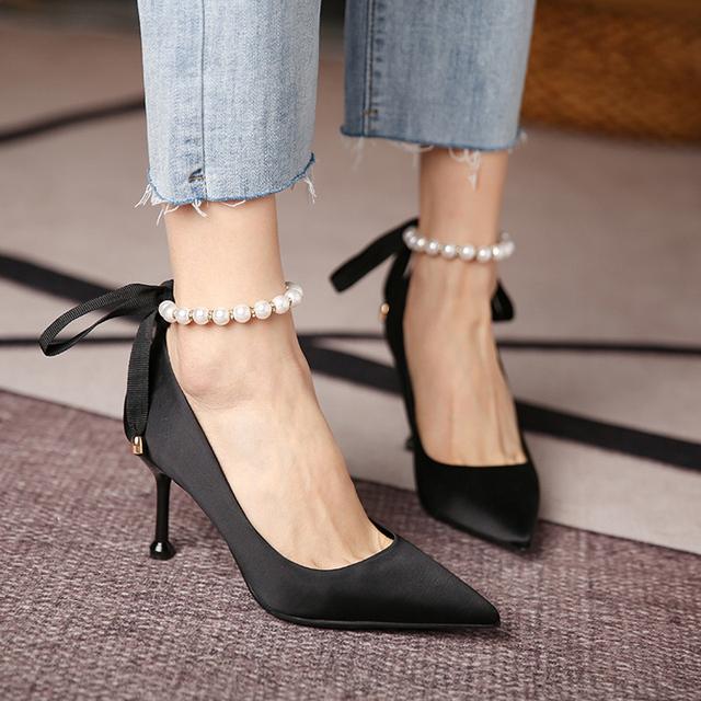Women Stiletto Pumps Fashion Design Black White Casual Wedding Party Pearl Butterfly Strap High Heels Ladies Sexy Shoes