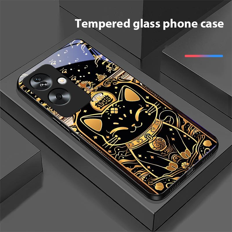 Черный Золотой Кот Для Oppo A79 5G 58 78 74 60 4G Reno 11F Realme GT 6 11 Note 50 10 C55 X2 Закаленное Стекло Черный Чехол для Телефона