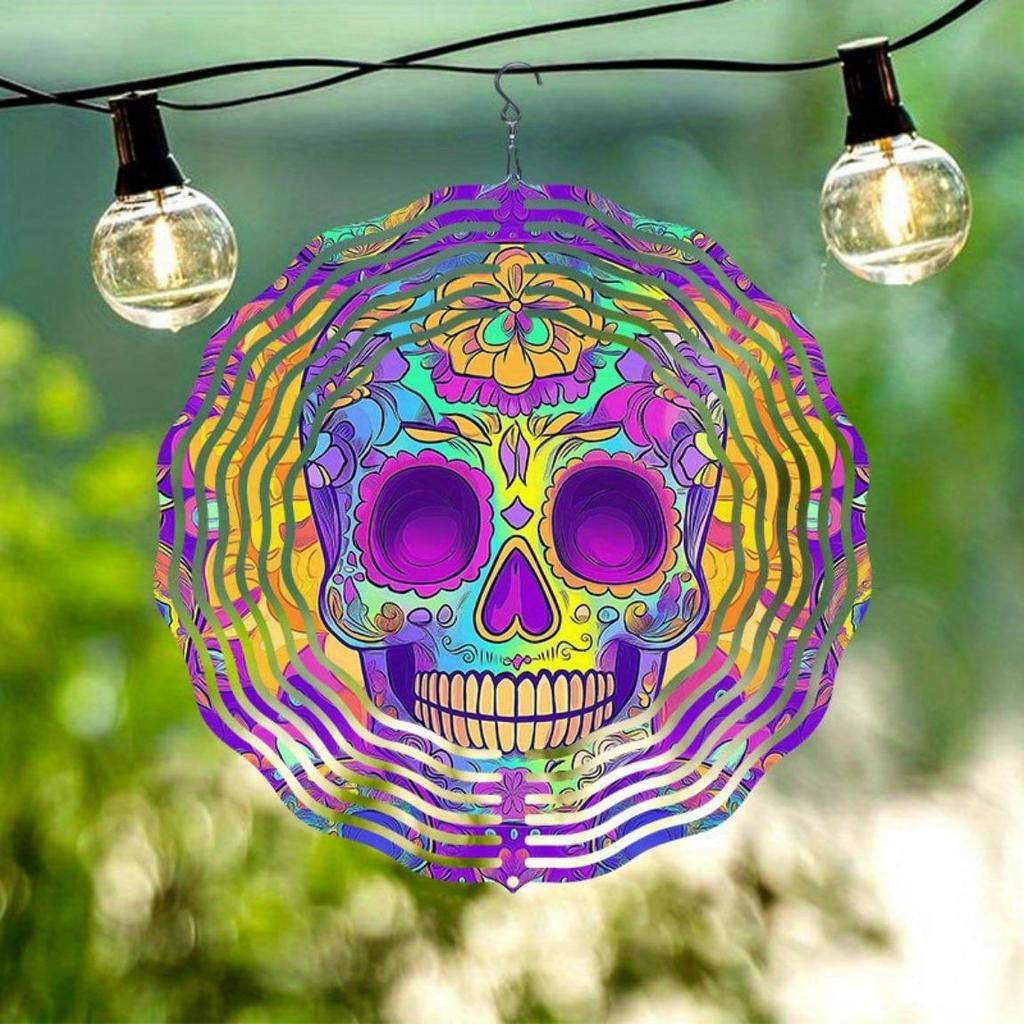 Purple Psychedelic Skull Metal Wind Chime Rotating Hook Colorful Striped Design for Indoor Outdoor Garden Halloween Party Decor Unique Gift Idea
