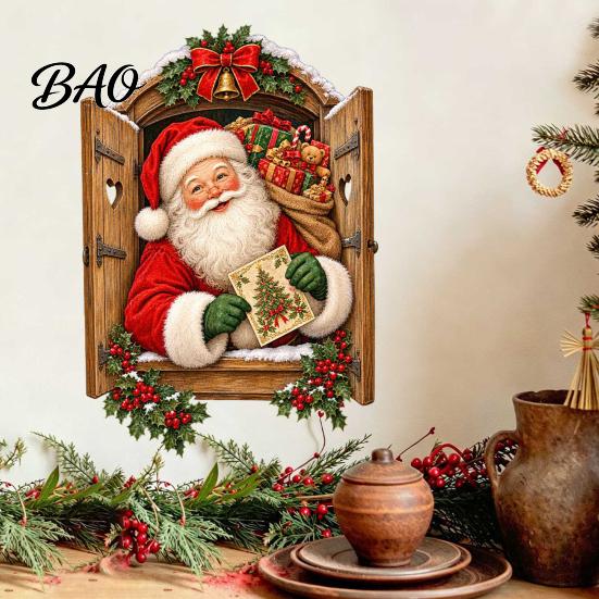 Removable PVC Decals 3D Santa Claus Christmas Wall Sticker, Vintage Through Wooden Window Decal, Decorative Film Peel And Stick Mural Art for Holiday