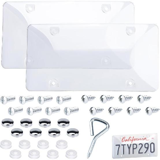 2 PCS Clear License Plate Covers, Unbreakable Novelty Licenses Plate Protect, License Plates Frame For Car Tag, Front And Back With Screws Caps