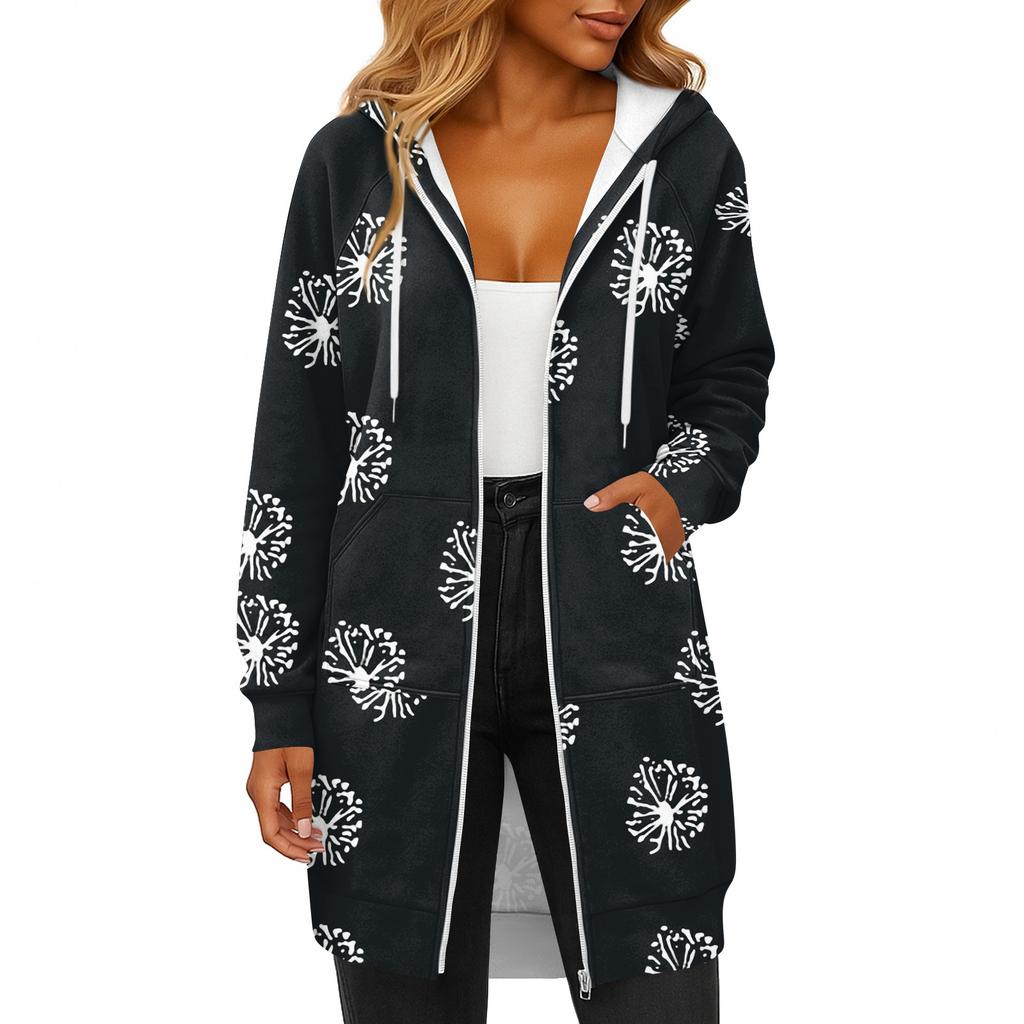 Women's Fashionable Printed Long Sleeved Drawstring Hooded Zipper Pocket Long Casual Sweatshirt Jacket
