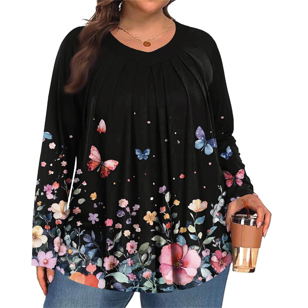 Женский модный топ большого размера с принтом, повседневный плиссированный, с круглым вырезом и длинными рукавами