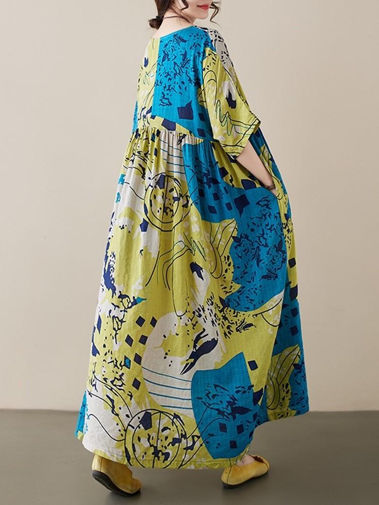 Новые платья из хлопка с короткими рукавами больших размеров и цветочным принтом для женщин, повседневные свободные длинные летние платья