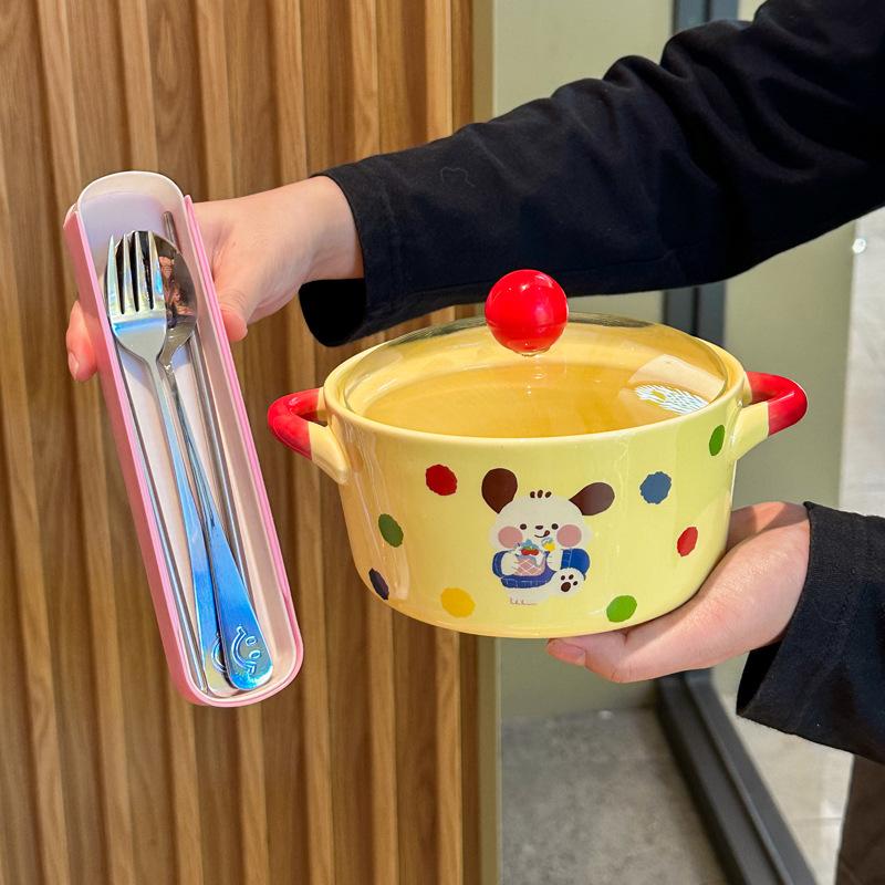 Кремовая ветровая посуда Милая керамическая миска для лапши быстрого приготовления с крышкой Двуухая суповая миска Миска для лапши быстрого приготовления для студенческого общежития