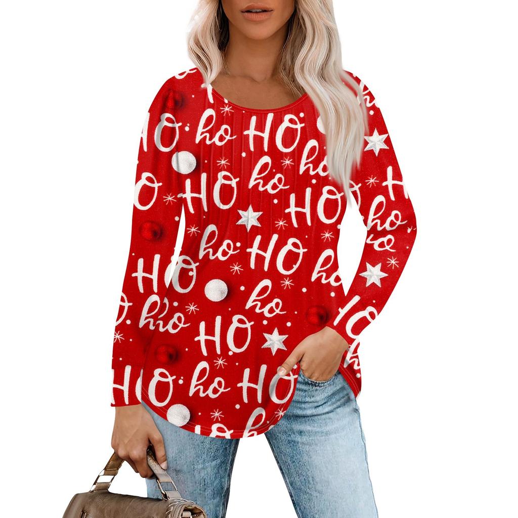 Женская повседневная футболка с круглым вырезом и длинными рукавами с рождественским принтом и складками