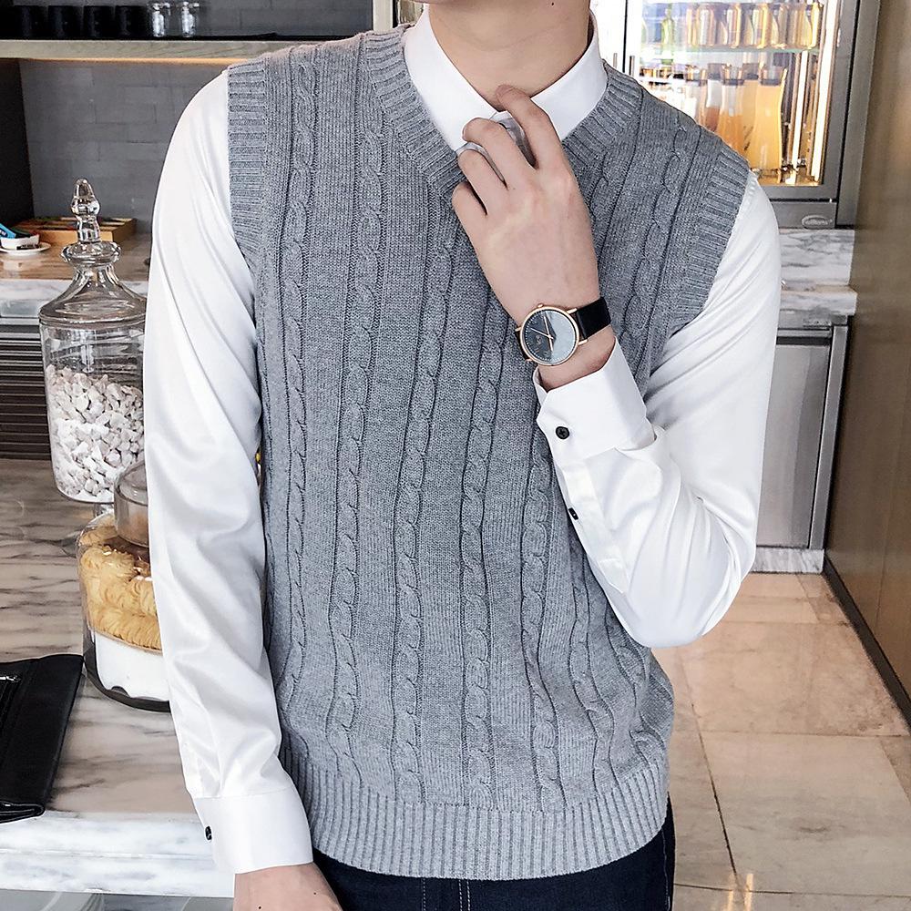 Мужской шерстяной жилет с V-образным вырезом - без рукавов, толстый трикотажный жилет для осени/зимы