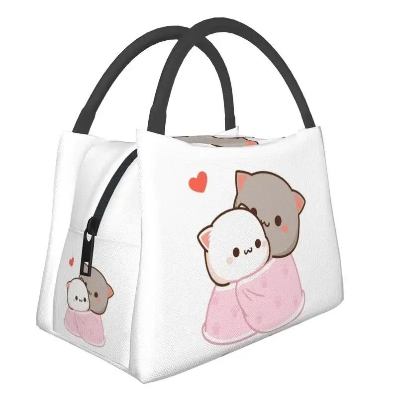 Kawaii Mochi Cat Peach And Goma Thermal Insulated Lunch Bags Women Resuable Lunch Tote for Outdoor Picnic Storage Meal Food Box