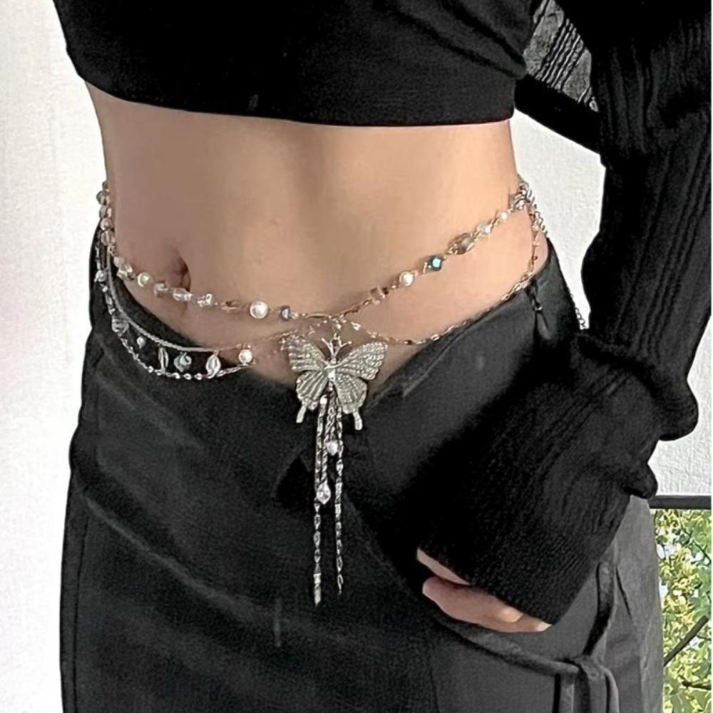 Elegant Multilayer Pearl Waist Chain Butterfly Belly Chain Retro Y2k Waistband Dress Accessories