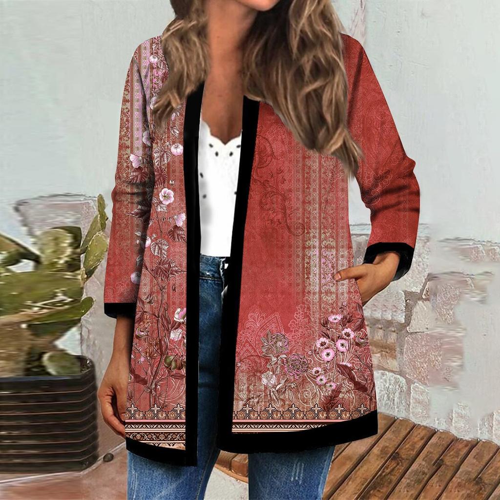 Women's Fall And Winter Fashion Casual Printed Long Sleeve Mid-Length Cardigan Jacket