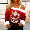Женская повседневная модная сексуальная футболка с открытыми плечами, рождественским узором, длинным рукавом и круглым вырезом