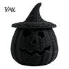 Handmade Woven Texture Craft Faux Rattan Halloween Pumpkin Figurine, Black Resin Statue with Witch Fall Holiday Window Display Hat, Rustic Wicker