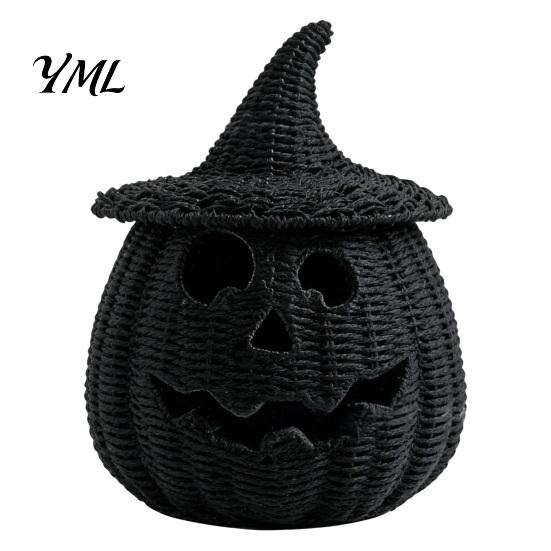 Handmade Woven Texture Craft Faux Rattan Halloween Pumpkin Figurine, Black Resin Statue with Witch Fall Holiday Window Display Hat, Rustic Wicker