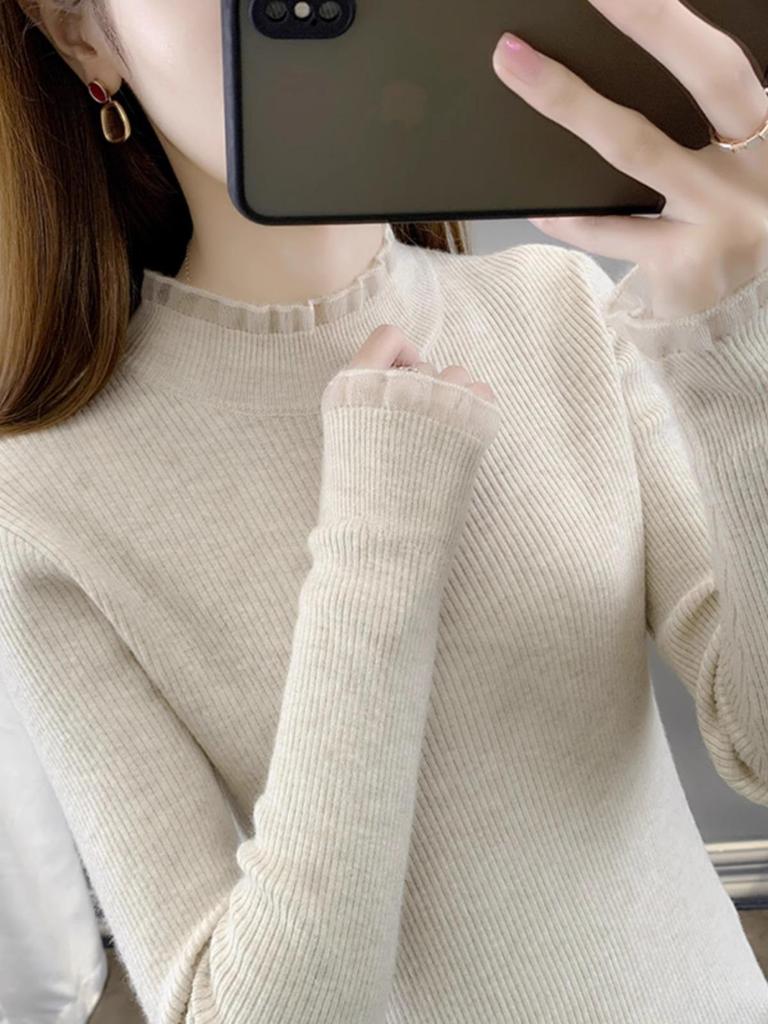Women's Autumn 2024 Semi-High Neck Slimming Knitted Sweater Top