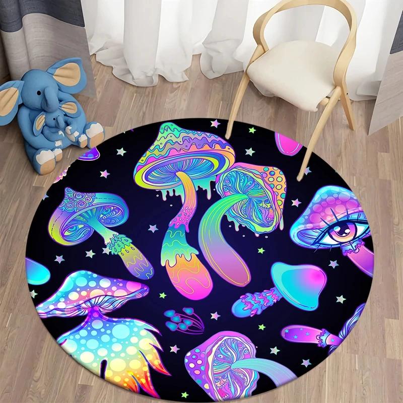 Psychedelic Mushroom Round Carpet Boho Mushrooms Area Rug for Home Living Room Children's Room Decor Non-slip Circle Floor Mat