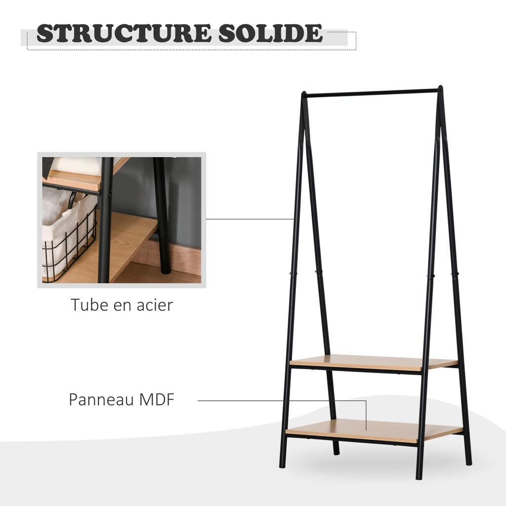 Clothes Rail, Freestanding Metal Clothes Rack with 2 Tier Storage Shelves for Bedroom and Entryway, 64 x 42.5 x 149 cm, Black Frame
