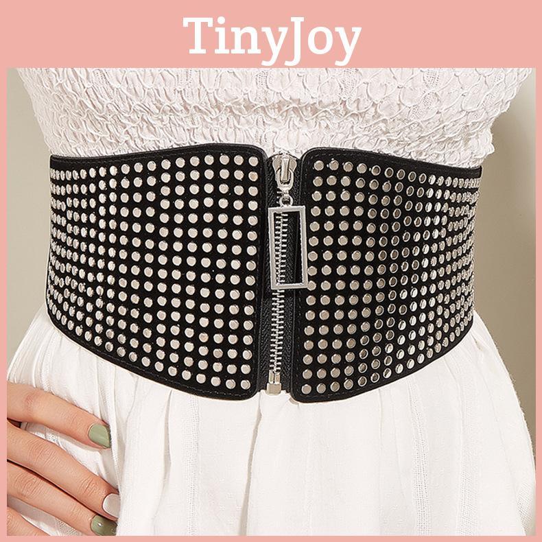 Small Multiple Flat Nail Zipper Waist Seal Waistband With Rivets Belt Black