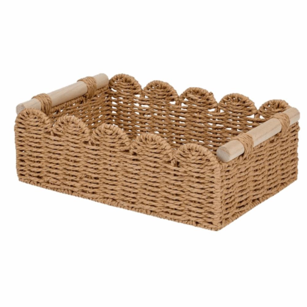 Корзина из бумажной веревки с волнистым краем, деревянные ручки, нейтральный цвет, корзина для хранения, корзина для туалетной бумаги, гостиная