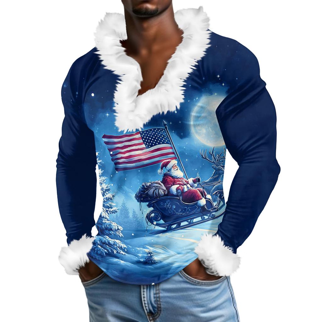 Мужской повседневный рождественский плюшевый свитшот с V-образным вырезом и длинными рукавами из флиса