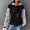 Fall Winter Women Hoodie Color Matching Drawstring Hooded Waffle Texture Long Sleeveless Big Pocket Loose