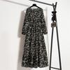 Womens Vintage Floral Print Maxi Dress High Waist Long Sleeve Round Neck Slim Fit A Line