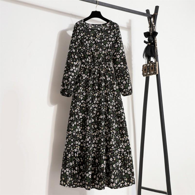 Womens Vintage Floral Print Maxi Dress High Waist Long Sleeve Round Neck Slim Fit A Line