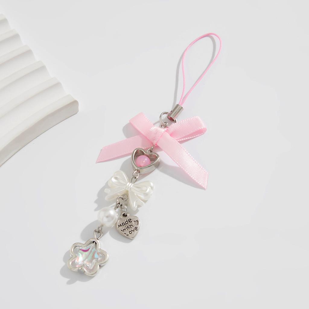 Fashion Sweet Y2K Girls Ribbon Bow Beaded Keychain Alloy Love Heart Star Rabbit Strawberry Pendant Pearls Glass Beads Chains Jewelry Accessories