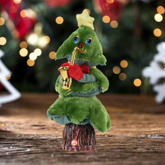Электрическая новогодняя елочная игрушка с музыкальным светом, работающая от батареек, светодиодная, танцующая, поющая, мини-плюшевая зеленая елка, настольное украшение, украшение для вечеринки