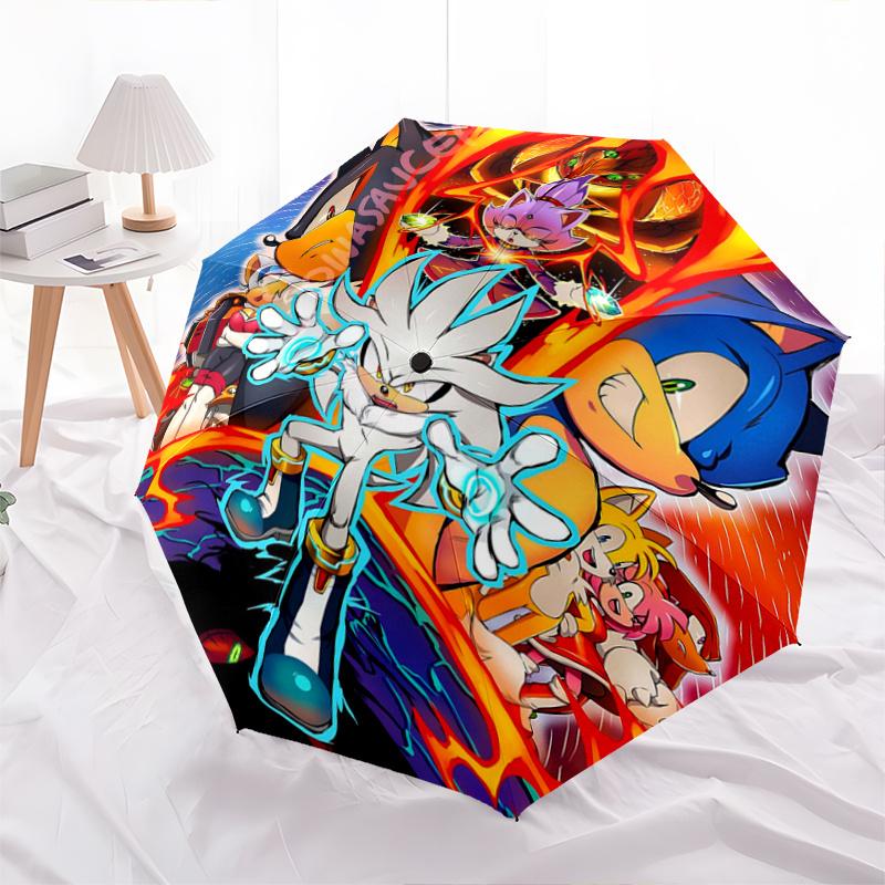 1pc The Ultimate Adventure Sonic Theme Pattern Beautiful Looking Automatic Folding Cartoon Practical Umbrella, 3 Folding, 8 Iron Frame Design, Durable