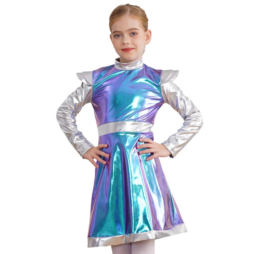 Костюм Космическая Милашка для Девочки: Мерцающее Пэчворк-платье с инопланетным дизайном из ПУ для Хэллоуина и Sci-Fi Ролевых Вечеринок