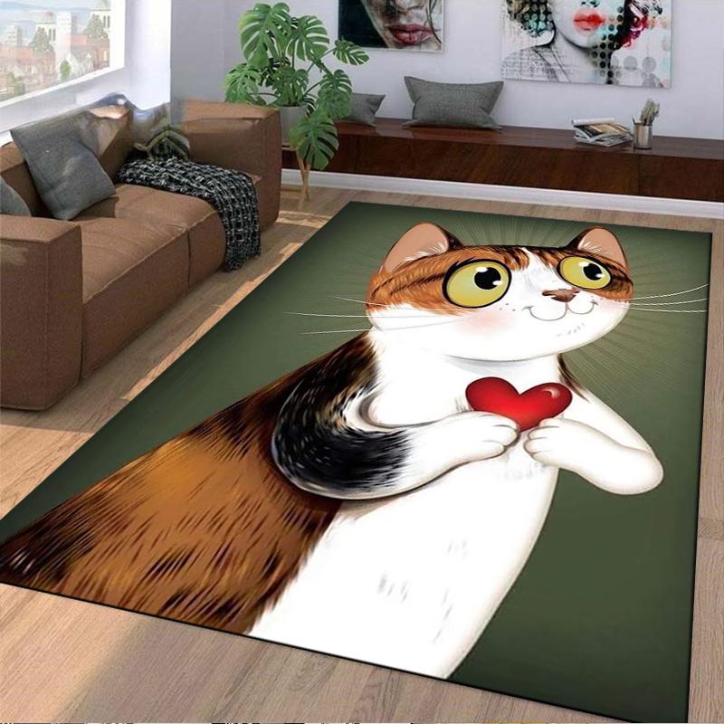 Cute Cartoon Cat Holding Red Heart Pattern Carpet for Bedroom Decor Suitable for use as an anti-slip for living room bedroom sofas