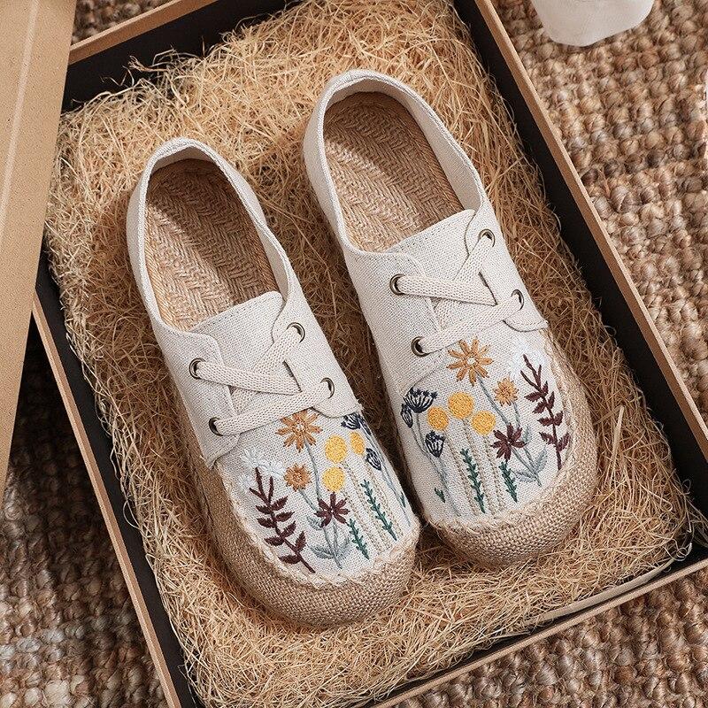Johnature Flats Women Shoes Embroider Retro Lace-up Round Toe Cotton Linen Handmade Concise Comfortable Ladies Shoes