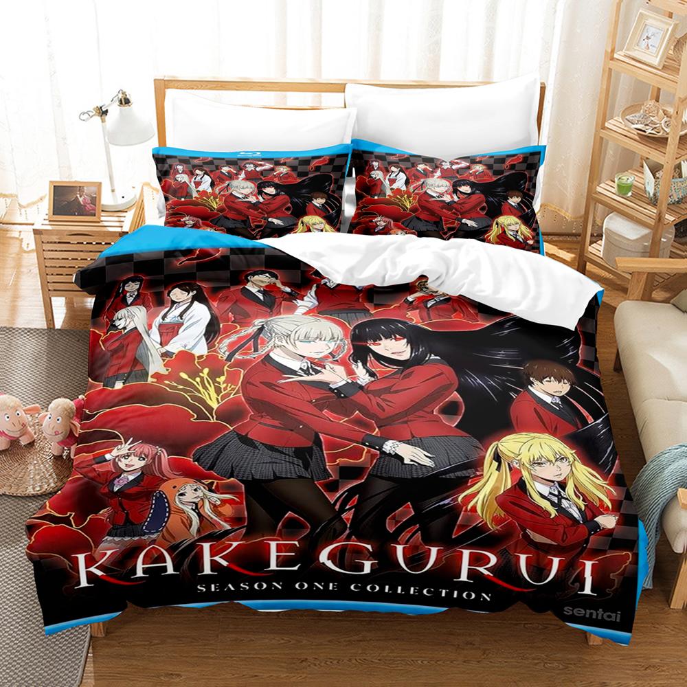 Kakegurui Юмеко Джабами Комплект постельного белья Большое лицо Аниме-персонаж Красный Черный Школьная форма Принт Пододеяльник Все размеры Настраиваемый