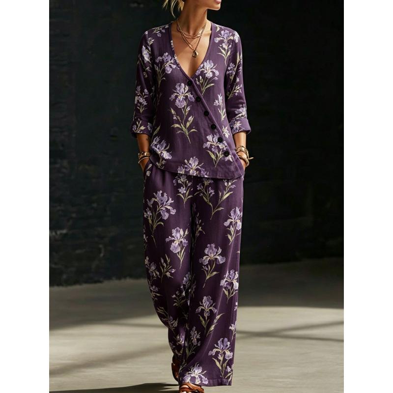Summer new green bottom plant branches and leaves printing V-neck diagonal shirt wide-leg pants two-piece set women's casual cover