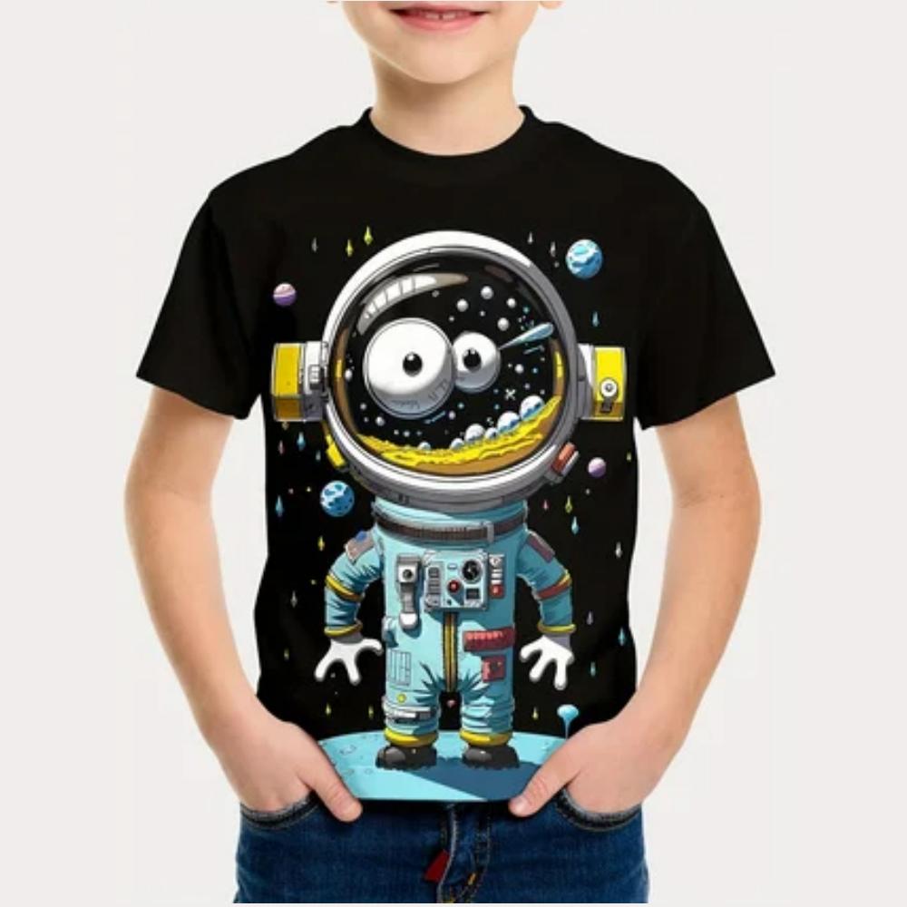 Summer Round Neck 3D Printed Cartoon Astronaut Pattern Top Fashionable Casual Short Sleeved Children's Boy T-shirts