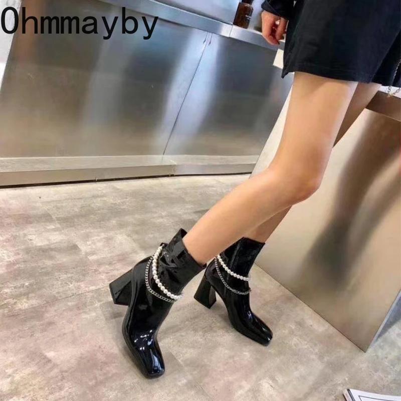 Женские сапоги Morder на толстом каблуке, модные туфли с боковыми молниями, осень-зима, квадратные женские короткие сапоги на высоком каблуке