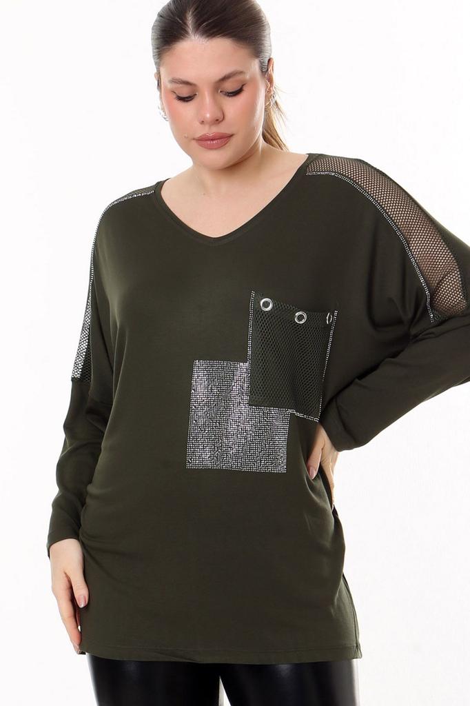 Женская блузка большого размера с v-образным вырезом, карманами и рукавами, сетчатая деталь, каменная вышивка, длинный рукав, удобная и струящаяся гибкая блузка